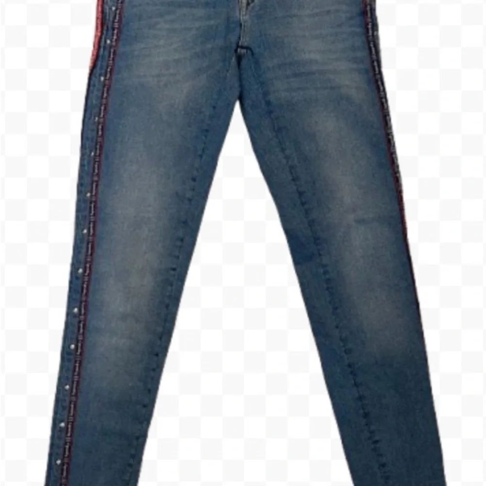 Superdry Vintage Blue Jeans & Red Logo Stripe Studs Blue Stripe Size W27 L30 EUC - Picture 2 of 12